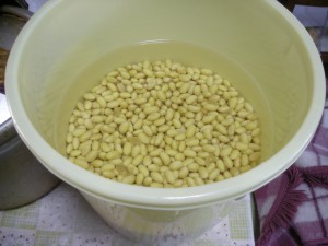プラ樽の中の水につけた大豆